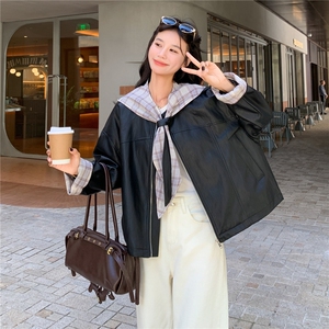 可拆卸格子连帽皮衣外套女2025秋季新款甜酷风宽松小个子短款夹克图片