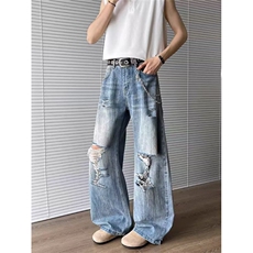 3300美式复古痞帅做旧破洞牛仔裤男新款高街宽松直筒阔腿长裤子，男装牛仔裤，星座308A-1（原309B-1）