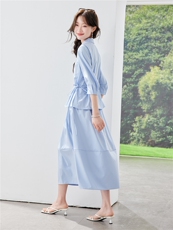 《现货26夏上新》蓝色气质收腰衬衫+半裙伞裙显瘦两件套女，女装套装/套裙，苗苗