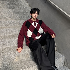 A135-2523美式复古撞色格子毛衣高品质高克重P88控129，男装针织衫/毛衣，电商A135（原星座819）