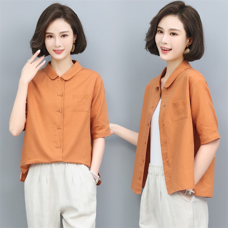 棉麻衬衫女夏季薄款2024年新款复古宽松中年妈妈气质休闲亚麻上衣，女装T恤，璐依舞