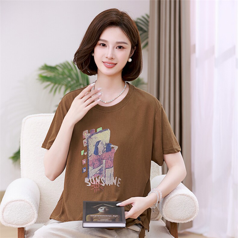 时尚宽松短袖T恤女夏季新款韩版百搭显瘦印花上衣休闲舒适女装,女装T恤,叶笙衣