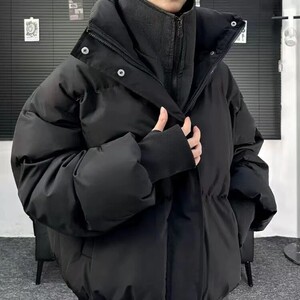 男装冬季潮牌假两件连帽棉衣男生防风保暖棉服外套图片