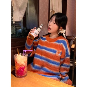 原创美式复古多巴胺撞色针织衫男女宽松休闲慵懒风套头毛衣MYF125图片