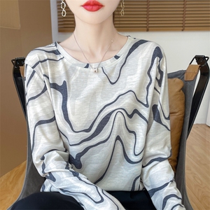 秋季新款天丝女圆领水墨画长袖正品细绒棉打底衫时尚亲肤上衣图片