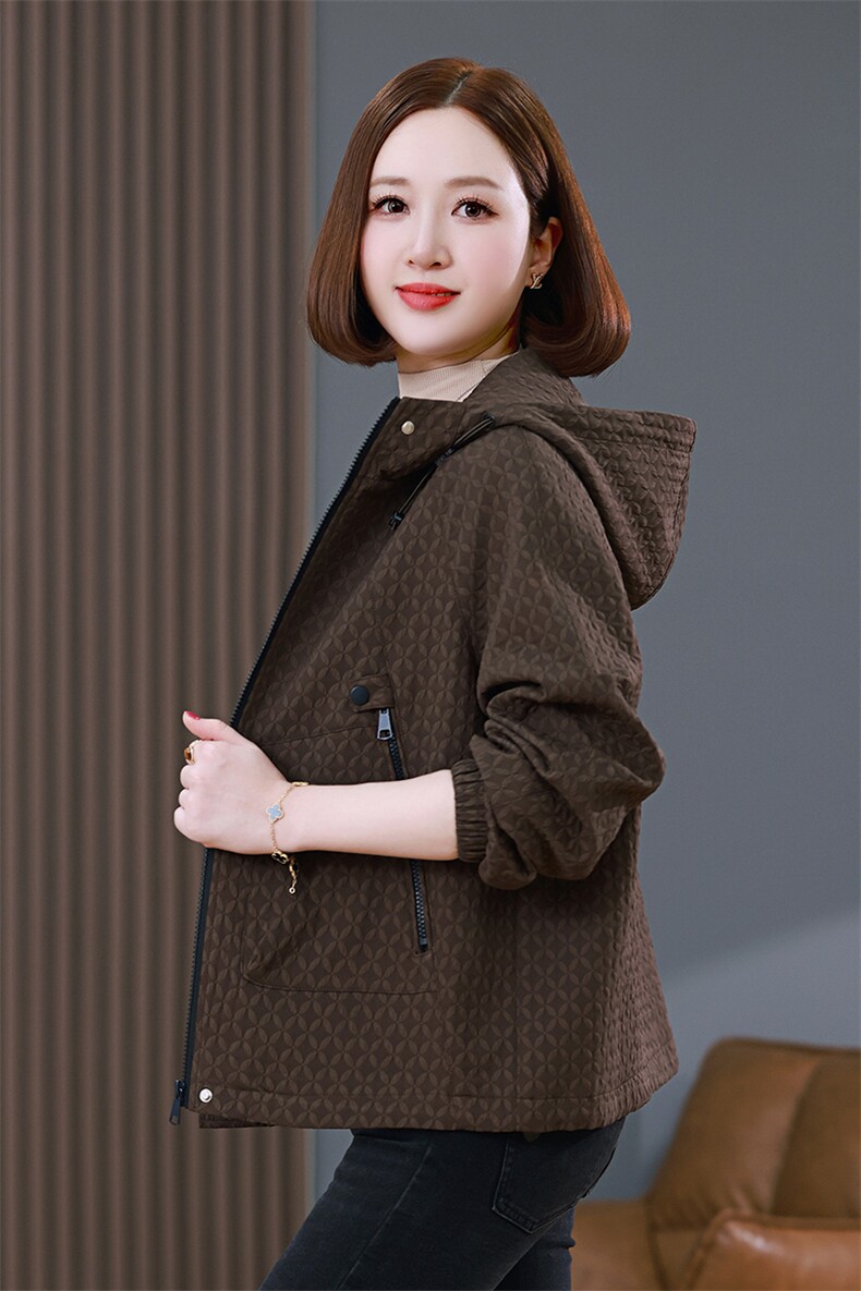 现货2024年秋季新款时尚潮流通勤连帽提花中年妈妈短外套,女装短外套,靓衣阁