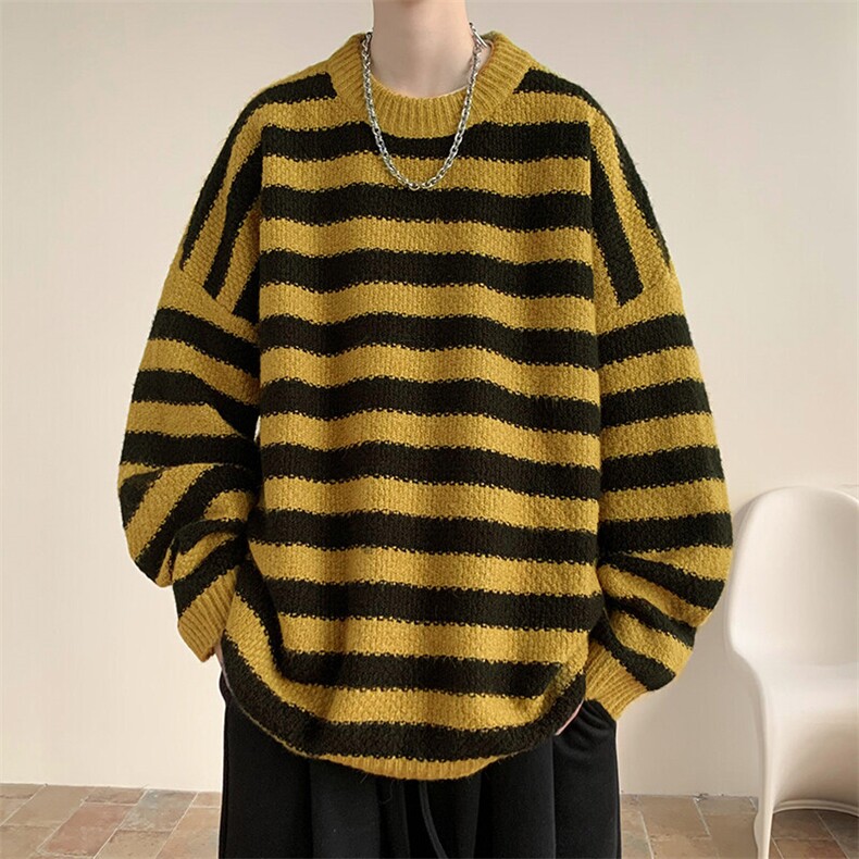 D232-MY112-P68控88原创大码高品质条纹宽松毛衣针织衫套头毛衣，男装针织衫/毛衣，电商D232