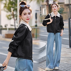 已出货春装新品小皮衣外套女短款潮流时尚显瘦拼接polo领上衣潮，女装皮衣，吾爱衣