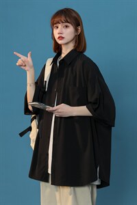 C6042/P35夏款2022中性风冰丝克莱因蓝衬衣男女开衩短袖衬衫控58图片