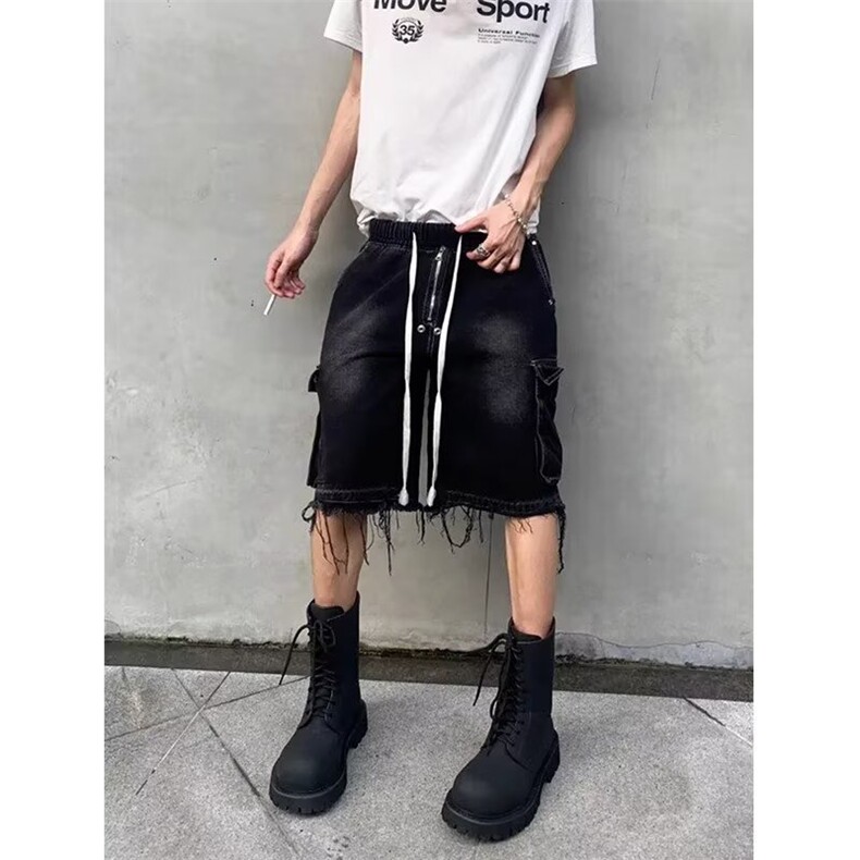美式小众高街复古工装牛仔短裤男女夏季hiphop痞帅水洗毛边五分裤图片