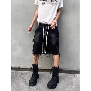 美式小众高街复古工装牛仔短裤男女夏季hiphop痞帅水洗毛边五分裤图片