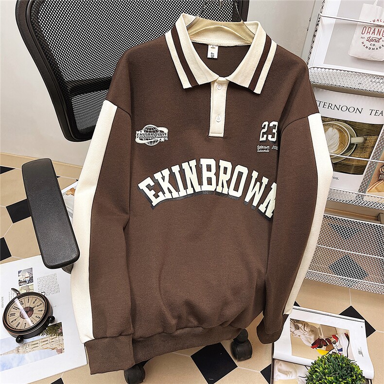 港风中性风平铺POLO领卫衣情侣大码M-5XL休闲套头卫衣男C7720P55，男装Polo衫，星座227-7