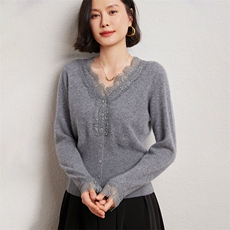 优雅女士V领蕾丝花边开衫显瘦百搭时尚外套，女装羊绒衫，臻维羊绒