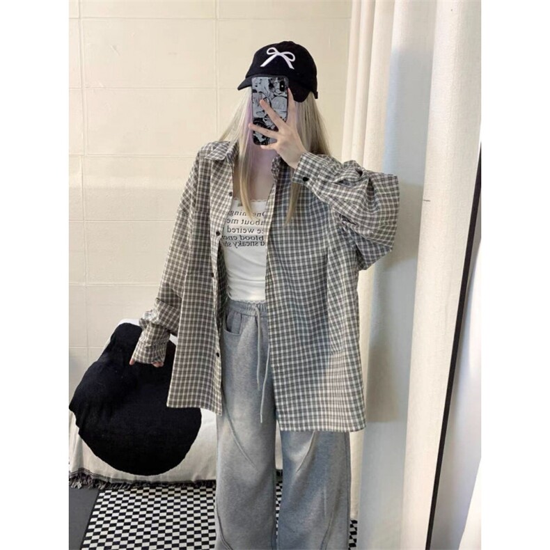 TC594-P45格子长袖衬衫慵懒风韩系宽松休闲衬衣复古防晒上衣，女装衬衫，星座617A-2