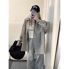 TC594-P45格子长袖衬衫慵懒风韩系宽松休闲衬衣复古防晒上衣，女装衬衫，星座617A-2