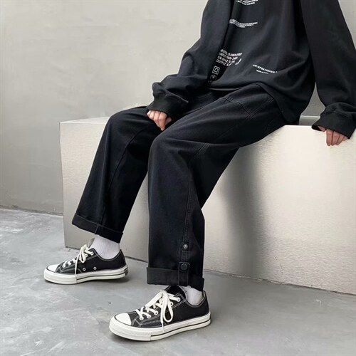 阔腿裤男ins街头潮流宽松直筒牛仔裤潮牌复古卷边牛仔裤k32-p40图片