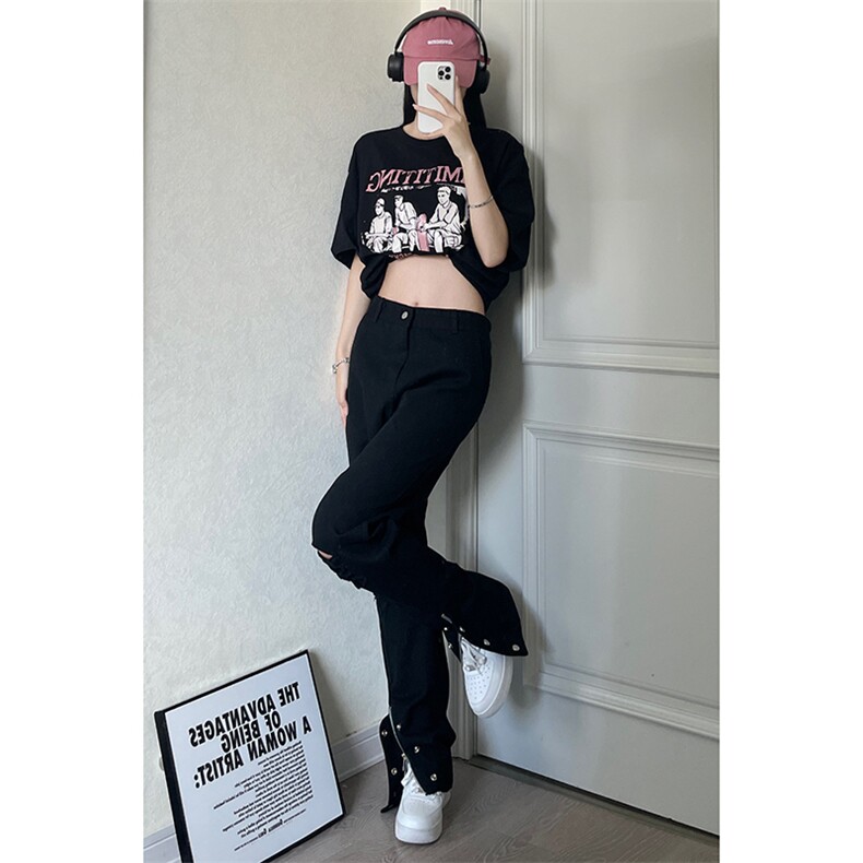 美式高街ins小众拉链hiphop排扣破洞休闲牛仔裤货号K642P6078图片