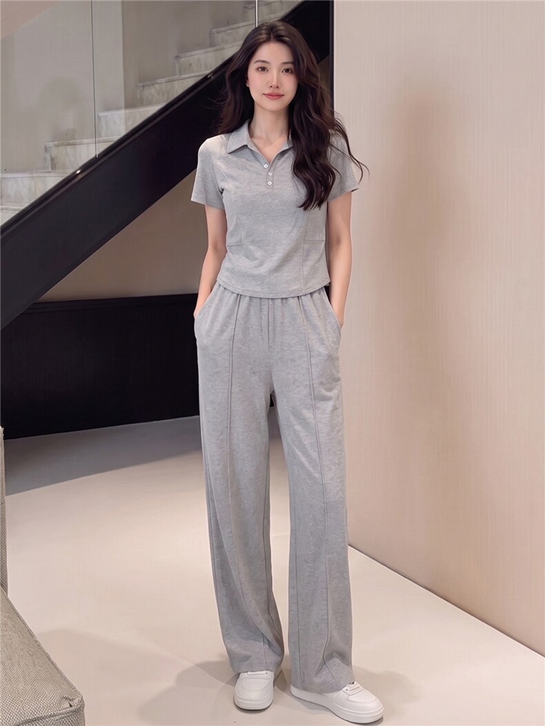 韩版时尚休闲运动套装女夏季新款显瘦气质翻领短袖卫衣长裤两件套,女装套装/套裙,江南