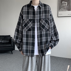 衬衫男秋季新款港风宽松大码磨毛格子长袖衬衣CS500-P35，男装衬衫，星座214-3