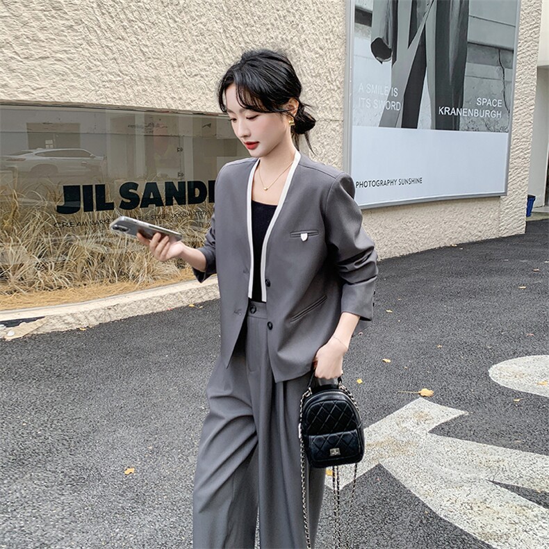 高级感灰色西装套装女2025春季新款干练气质短外套阔腿裤两件套潮，女装套装/套裙，新思路