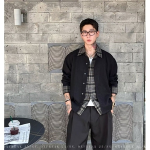 美拉德棕色假两件短款飞行员夹克男士秋冬季双领设计感棒球服外套图片