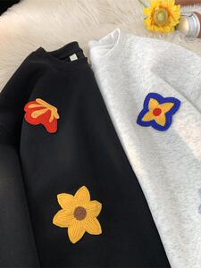 韩系小清新花卉印花长袖T恤男女款休闲松弛感圆领卫衣百搭打底衫图片