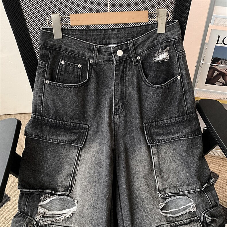 美式高街重工水洗破洞牛仔裤男女春夏直筒多口袋工装裤NK61-P78,男装牛仔裤,星座308B-1