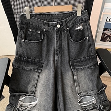 美式高街重工水洗破洞牛仔裤男女春夏直筒多口袋工装裤NK61-P78，男装牛仔裤，星座308B-1