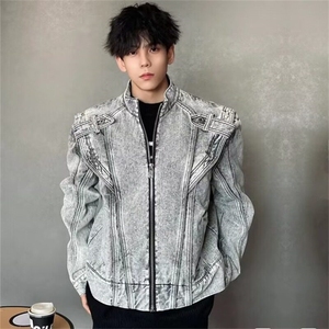 W9386-P78 网图现货 新款美式高街重工拉链牛仔外套宽松水洗夹克图片