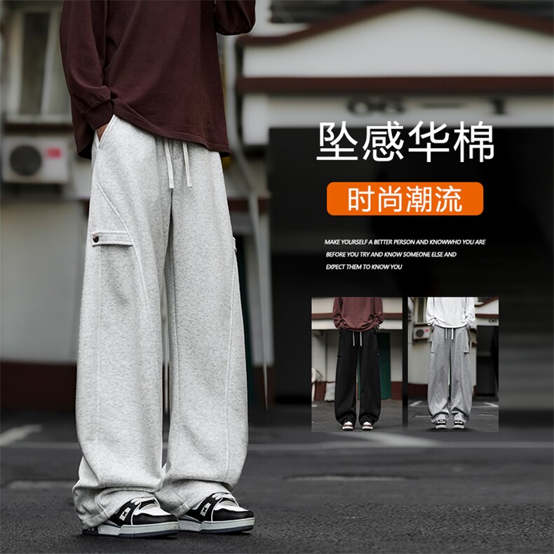 M-5XL华棉62%慵懒弯刀运动直筒拼接美式休闲裤 X1600特批29图片