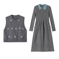 高级感拼色翻领针织马甲连衣裙女2025新款秋冬洋气减龄毛衣两件套，女装羊毛衫，艾米