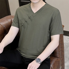 风2026夏季纯棉盘扣绣短袖T恤唐装大码男士小衫XF6501-P45，男装T恤，星座1105-3