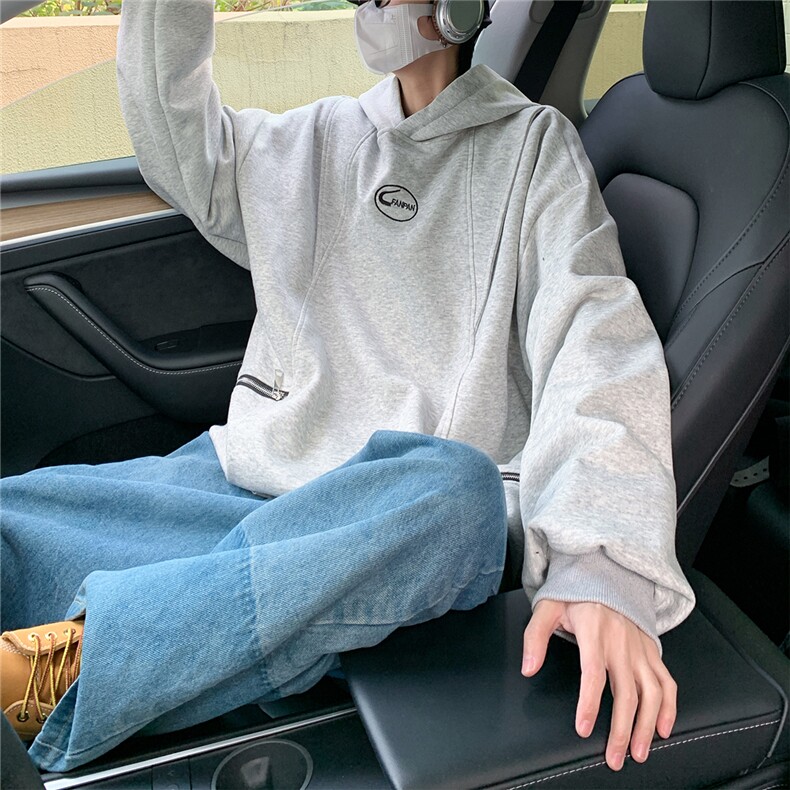 2025秋冬装华棉双拉链刺绣连帽大码卫衣外套W56680/特P45浅灰,男装卫衣,电商A094