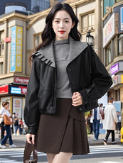 现货休闲时尚针织拼接皮衣外套，女装皮衣，韩蔻秀