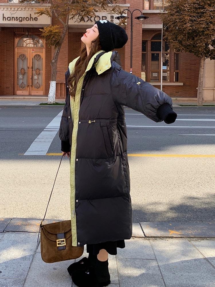 2022新款时尚可背肩撞色中长款抽绳设计羽绒服,女装羽绒服,L·H·X
