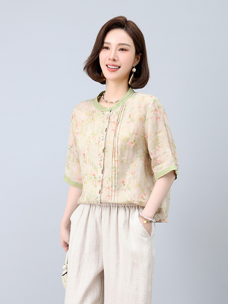 2025夏装新款复古舒适显瘦撞色印花苎麻衬衫轻薄阔腿裤,女装衬衫,凝聚力