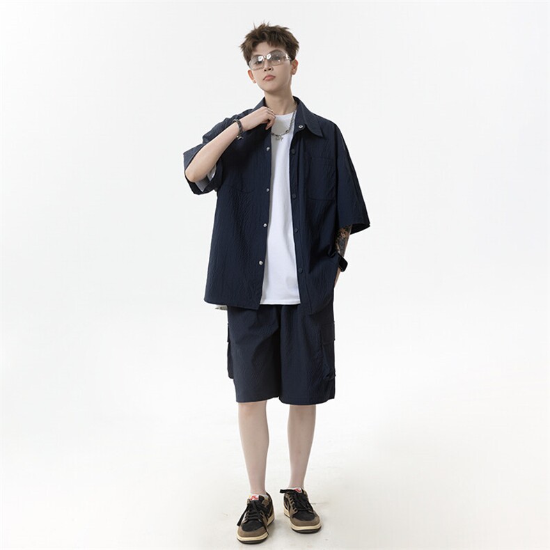 胖胖哥港风潮牌纯棉短袖衬衫男夏季大码宽松衬衣显瘦外套日常百搭,男装牛仔裤,星座516