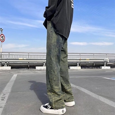 美式高街复古重工做旧牛仔裤男拼接直筒阔腿长裤Y9124-P52，男装牛仔裤，星座1109-3