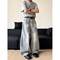 弯刀牛仔裤男美式宽松设计感水洗解构阔腿裤子6071P52，男装牛仔裤，星座410-2