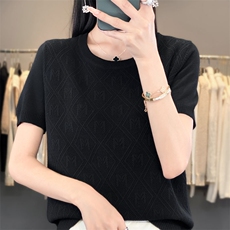新款女装冰丝短袖针织衫修身显瘦圆领上衣夏季清凉透气T恤，女装针织衫/毛衣，萱芳婷羊绒