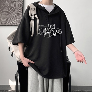 LD54404-P45NASA 连帽短袖t恤男大码胖子带帽五分袖中袖图片