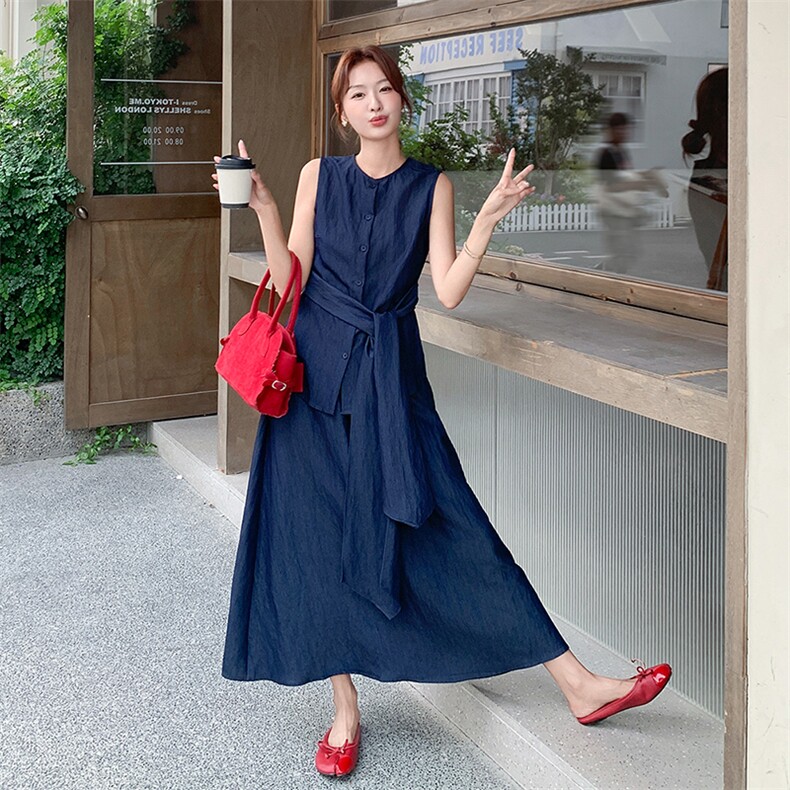 老钱风无袖绑带上衣半身裙套装女2025夏季新款法式气质显瘦两件套，女装套装/套裙，浙宝305