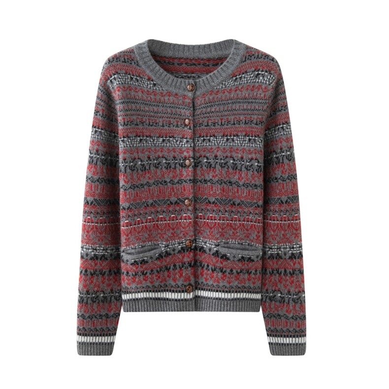 2025年秋季新款圆领嵌花加厚针织开衫时尚休闲通勤百搭，女装羊绒衫，绒创羊绒