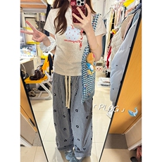 刺绣花朵格纹阔腿裤女夏季新款设计感宽松百搭休闲裤A9013-P52，男装休闲裤，星座208-5