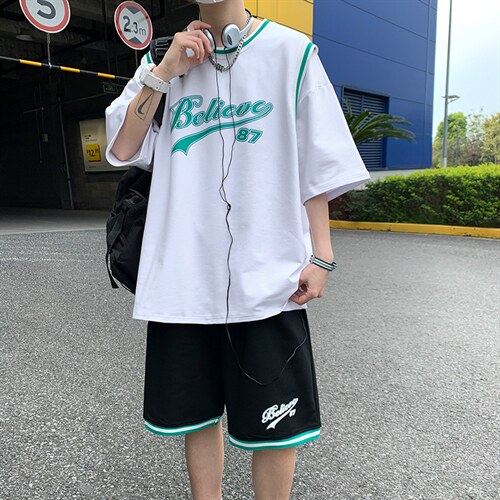 纯棉夏季短袖T恤套装青少年宽松潮流篮球服两件套男装F311P58，男装休闲套装，电商A086