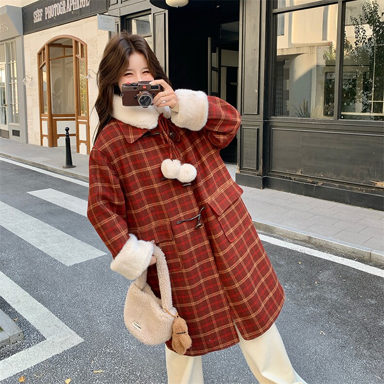 新款格子90羽绒毛呢大衣送毛领2C010-2597-P285-K418,女装羽绒服,2C010
