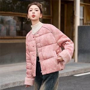 新中式国风羽绒服女2025冬季新款小个子高级感短款粉色保暖厚外套图片