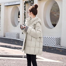 蓝色立领连帽泡芙90白鸭绒羽绒服女冬季2025新款韩系超好看中长款，女装羽绒服，艾瑞儿