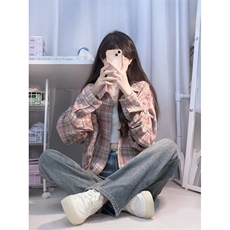 美式复古粉色格子衬衫女设计感小众防晒长袖格纹衬衣外套CA170，男装防晒衣，星座1116A（原606A-3）