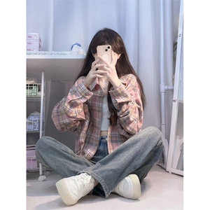 美式复古粉色格子衬衫女设计感小众防晒长袖格纹衬衣外套CA170